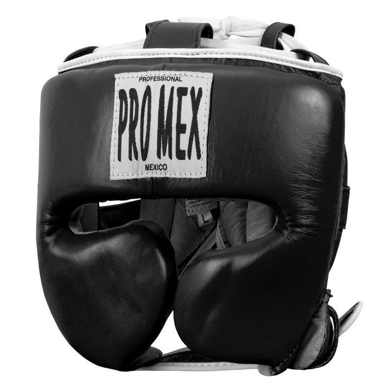 Black Pro Mex professional boxing headgear with face and cheek protection, lace-up top
