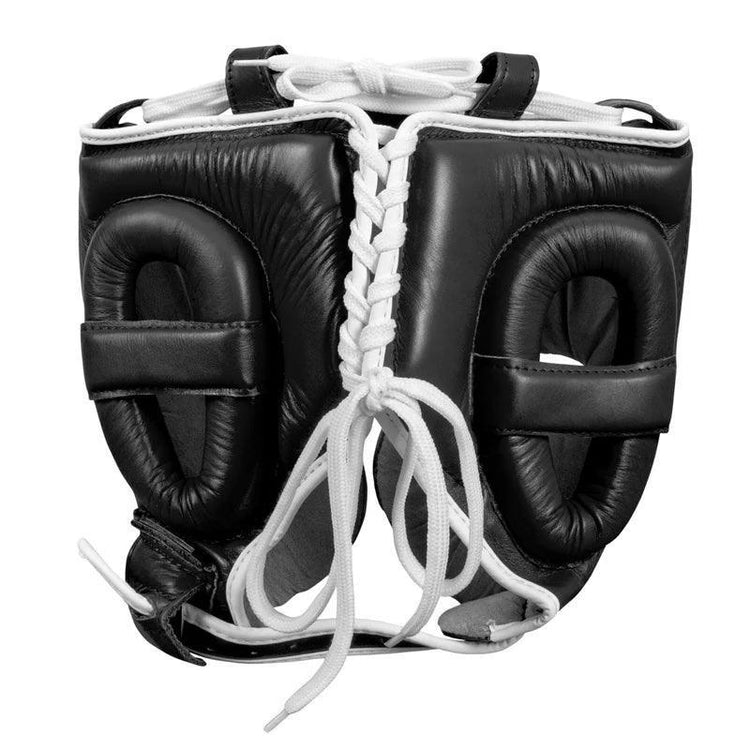 Black lace-up boxing headgear with padded ear protection, premium leather finish