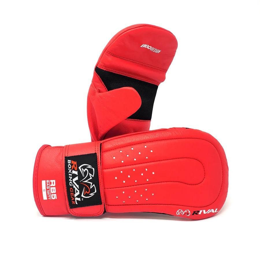 Red boxing training mitts with ergonomic design and Rival logo, used for punch practice