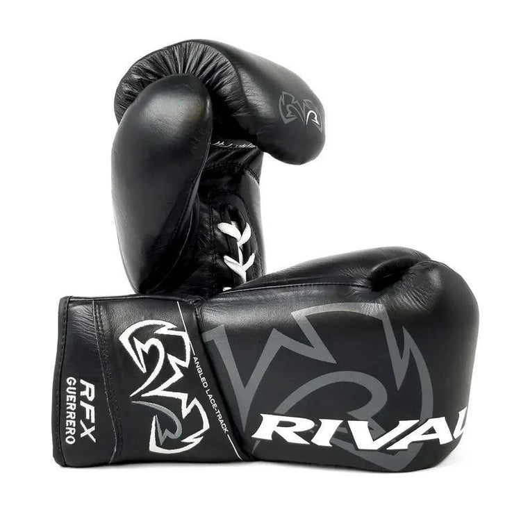 Black leather boxing gloves with lace-up closure and Rival logo, pro-grade equipment.