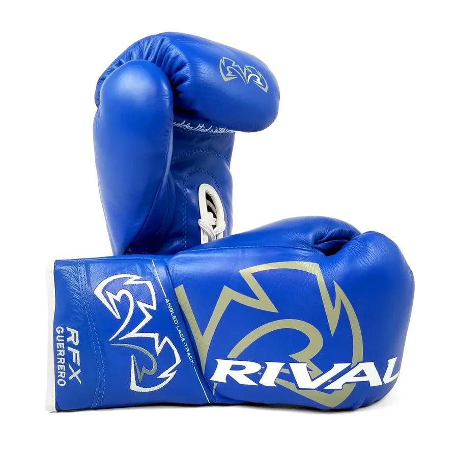 Blue Rival RFX Guerrero boxing gloves with gold accents and lace-up closure