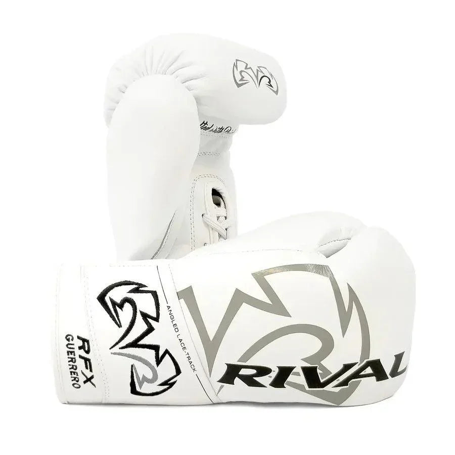 White Rival RFX Guerrero pro boxing gloves with lace-up closure and silver logo