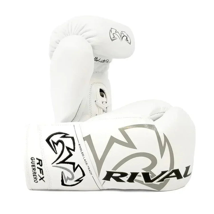 White Rival RFX Guerrero pro boxing gloves with lace-up closure and silver logo