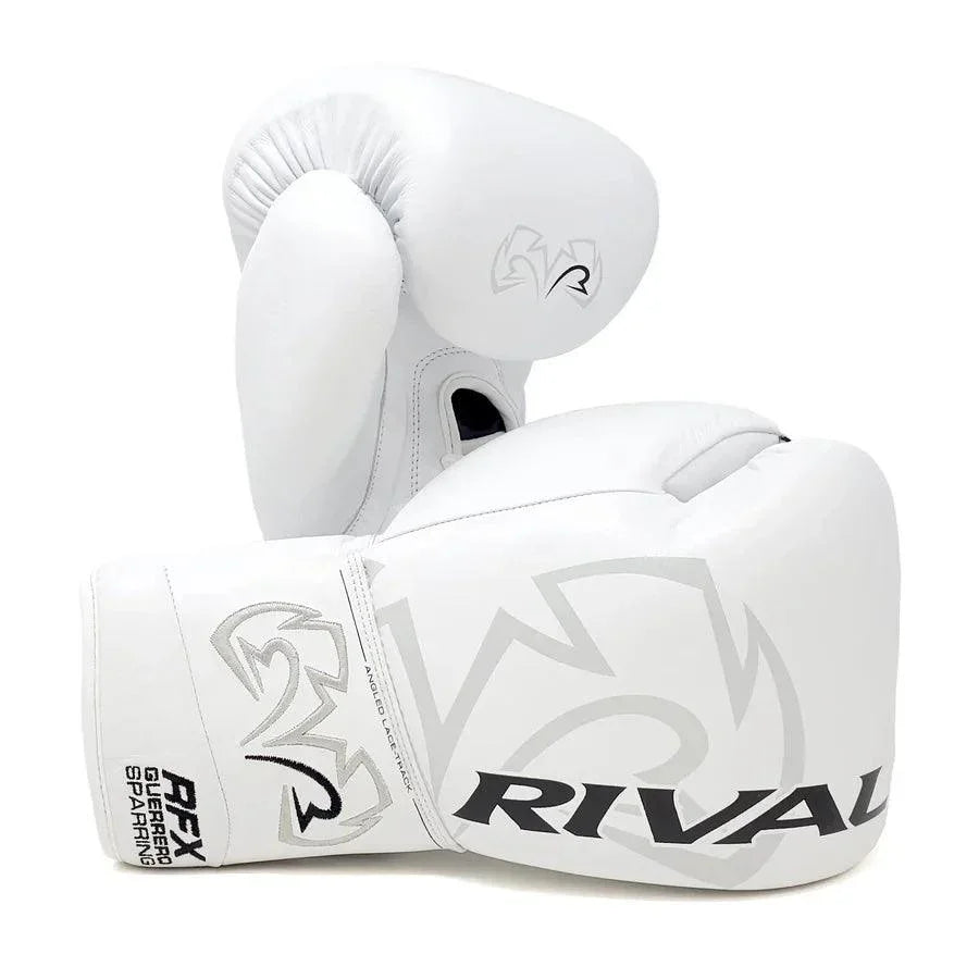 White Rival RFX Guerrero sparring boxing gloves with gray logo on a white background
