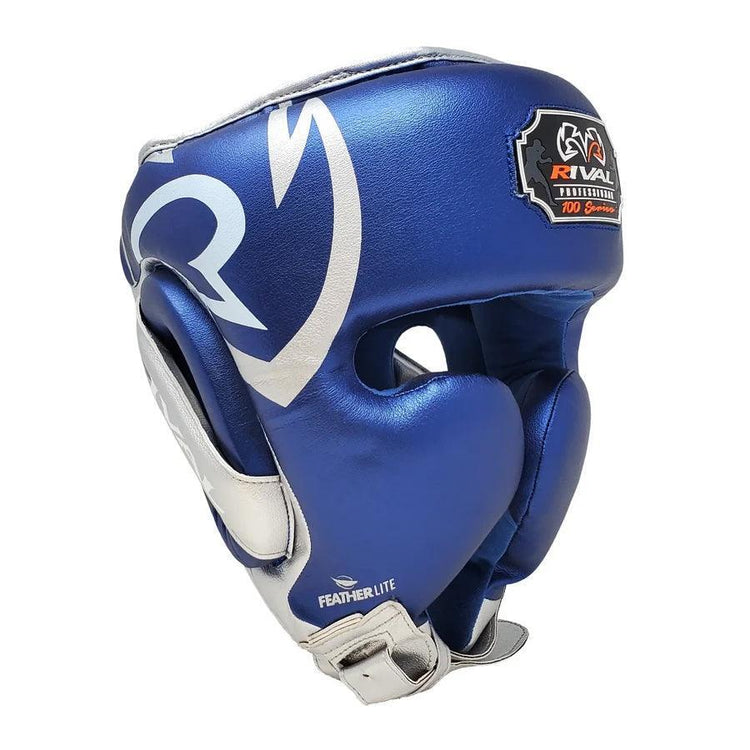 Blue boxing headgear with silver accents and protective padding for training or sparring