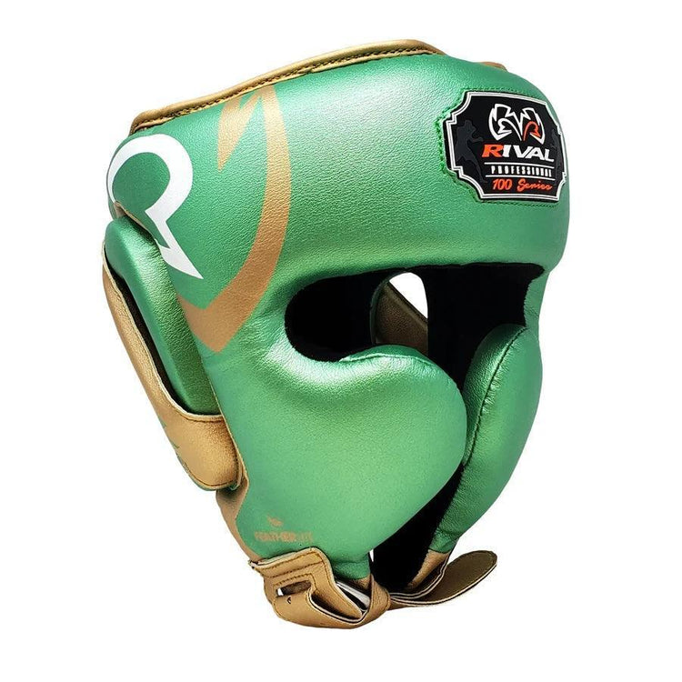 Green and gold boxing headgear with Rival logo, pro-grade protective gear for boxing training