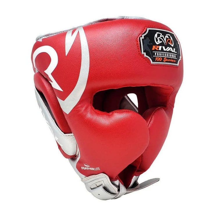 Red Rival boxing headgear with white accents, padded protection and adjustable strap