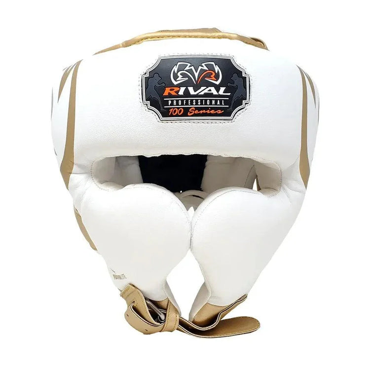 White and gold boxing headgear with chin strap and Rival Professional 100 Series logo