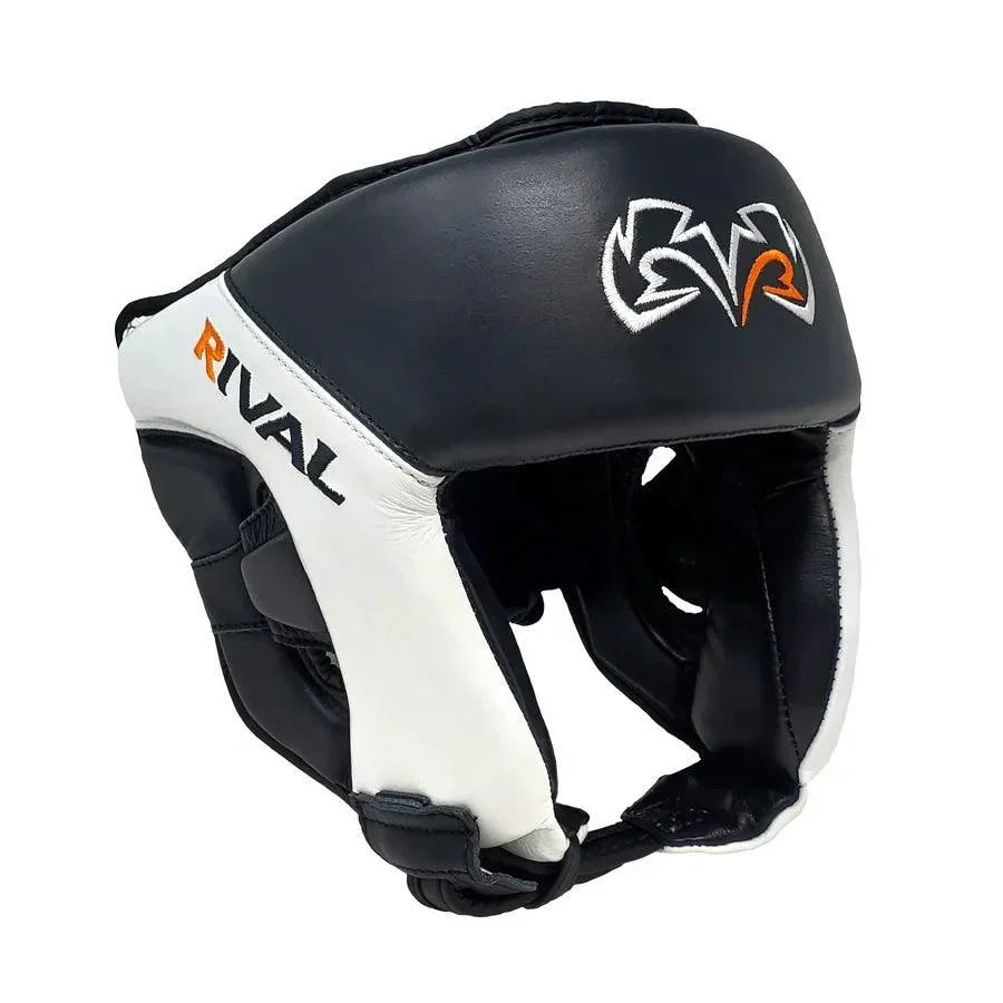 Black and white Rival boxing headgear with logo, professional protective equipment