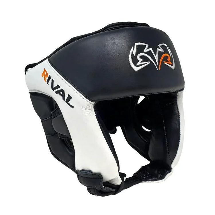 Black and white Rival boxing headgear with logo, professional protective equipment