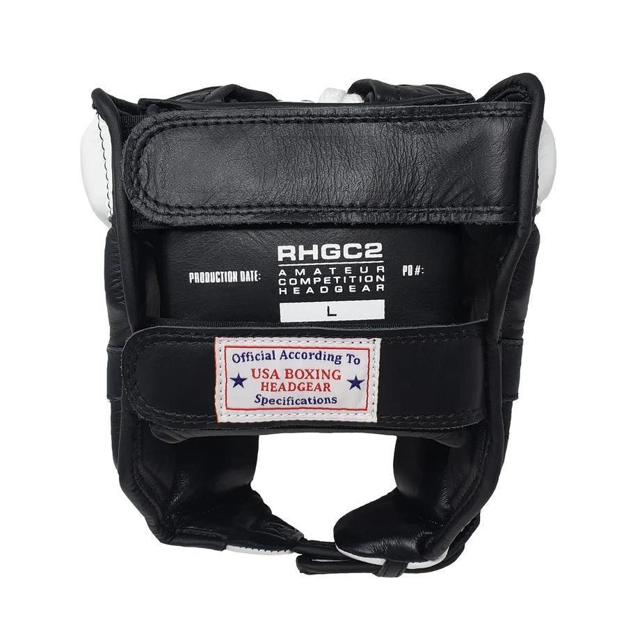 Black amateur competition boxing headgear with USA Boxing specifications label
