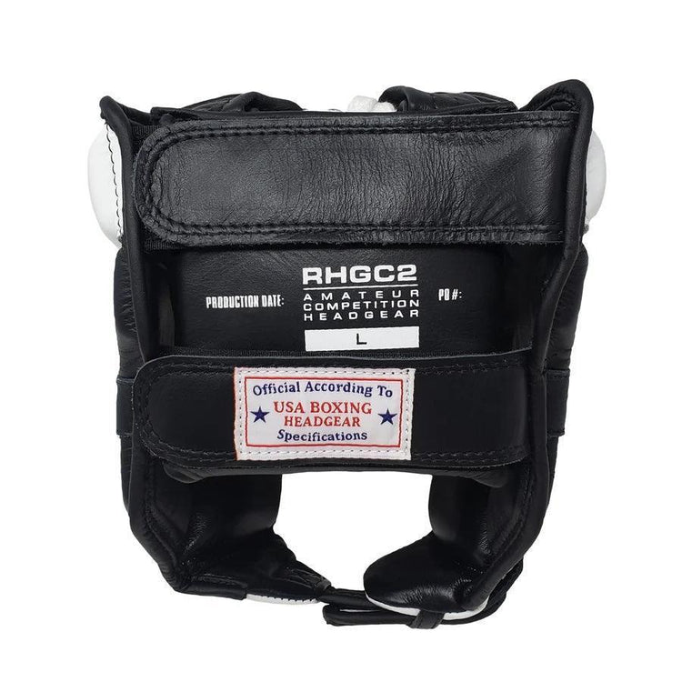 Black amateur competition boxing headgear with USA Boxing specifications label