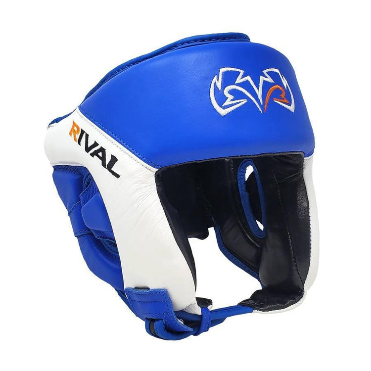 Blue and white Rival boxing headgear with padded protection and embroidered logo