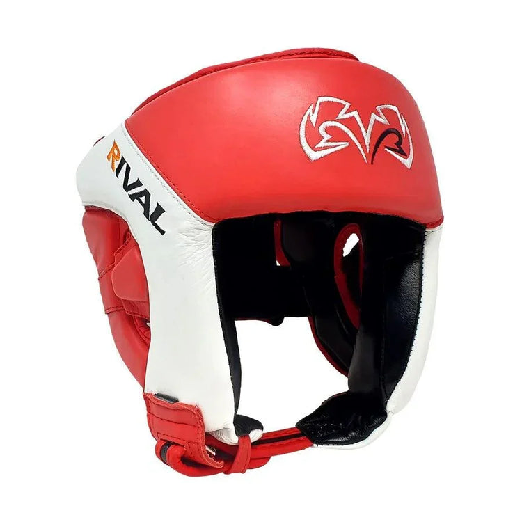 Red and white leather boxing headgear with Rival logo, protective boxing equipment
