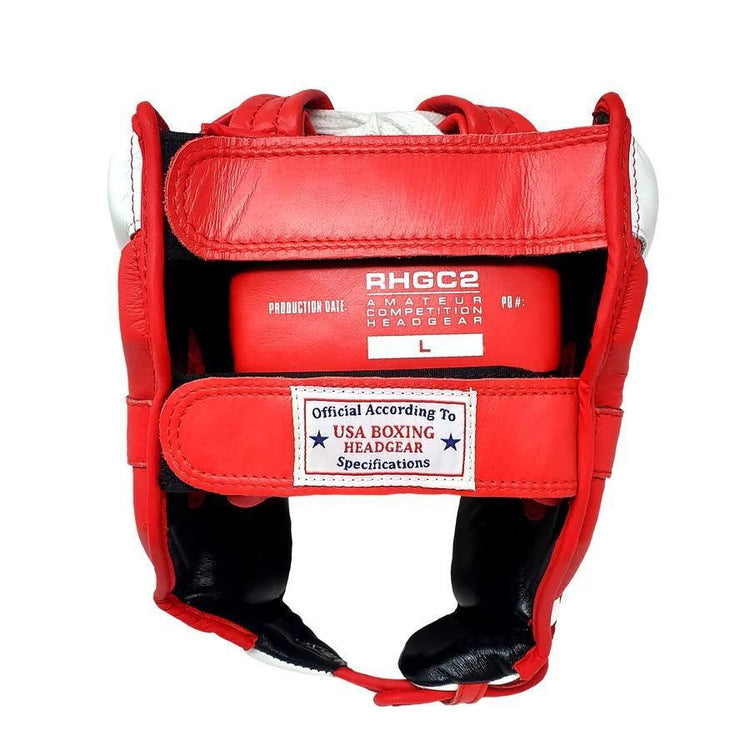 Red amateur boxing headgear with USA Boxing label, competition protective gear
