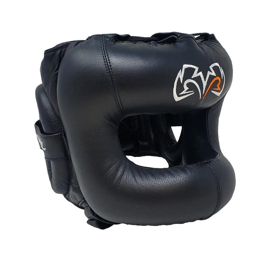 Black leather boxing headgear with embroidered white and orange logo, protective design