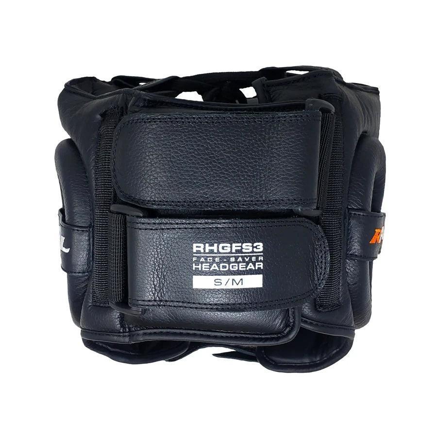Black boxing face saver headgear for sparring, labeled RHGFS3, size S/M, front view.