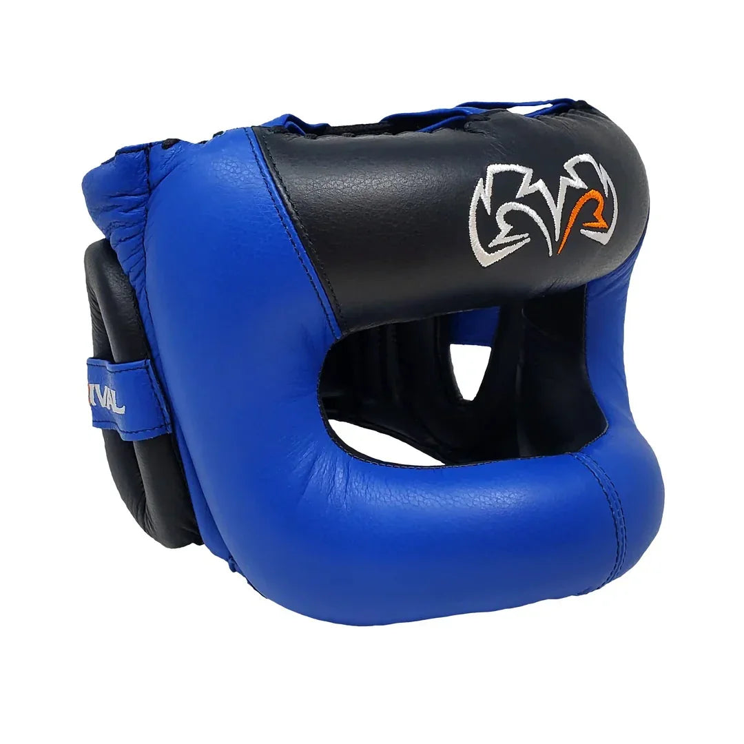 Blue and black boxing headgear with embroidered logo, full face protection design