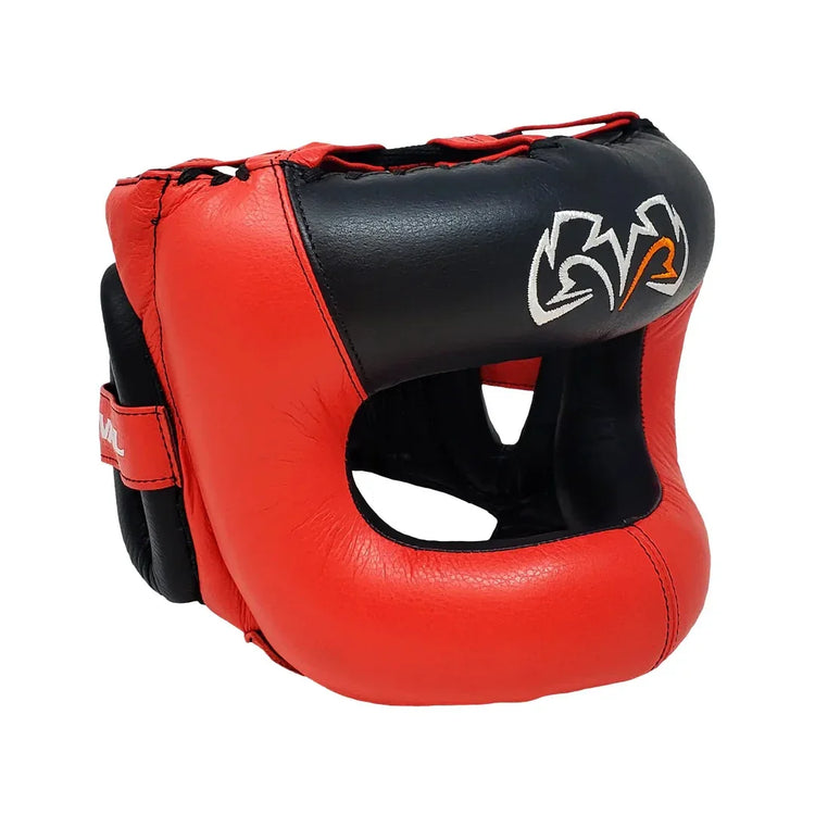 Red and black boxing headgear with face protection and embroidered logo