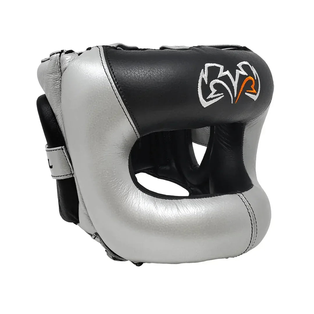 Silver and black boxing headgear with full-face protection and embroidered logo