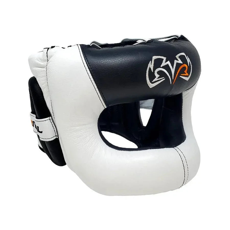 Black and white leather boxing headgear with open face and embroidered logo for sparring protection
