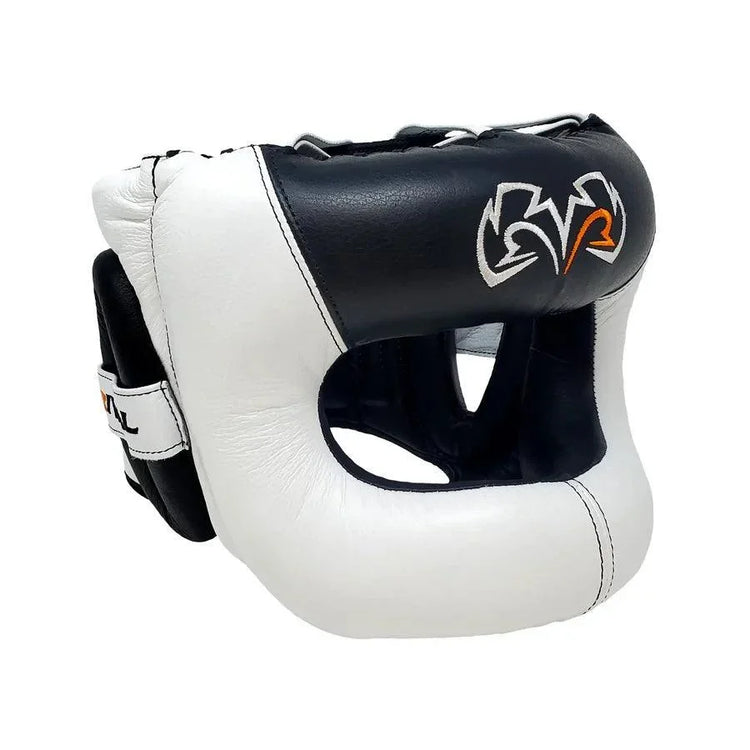 Black and white leather boxing headgear with open face and embroidered logo for sparring protection