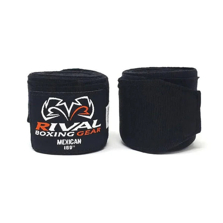 Black Rival boxing hand wraps, rolled with embroidered logo and text on white background