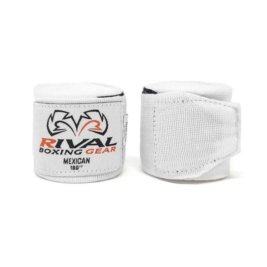 White boxing hand wraps with Rival Boxing Gear logo and hook-and-loop closure