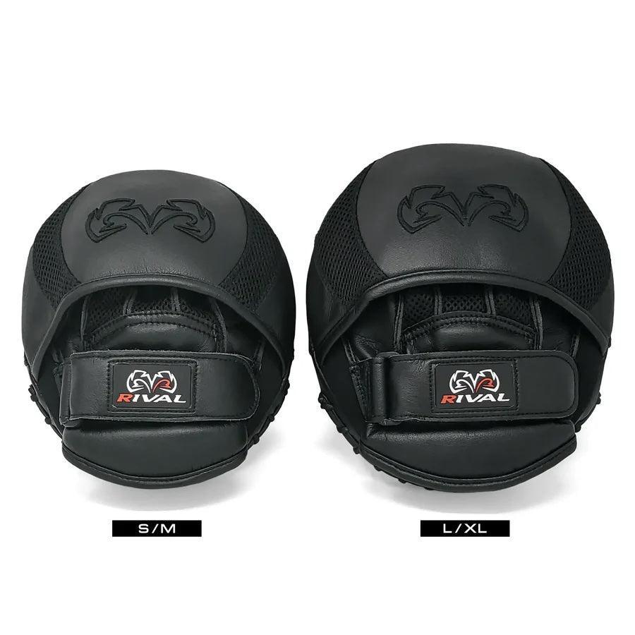 Black boxing focus mitts in two sizes, S/M and L/XL, with Rival logo and adjustable straps.