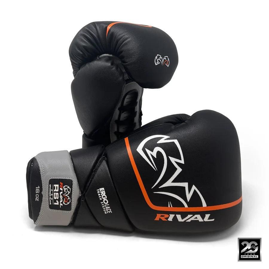 Black and orange Rival RS1 16oz pro boxing gloves with white logo on white background