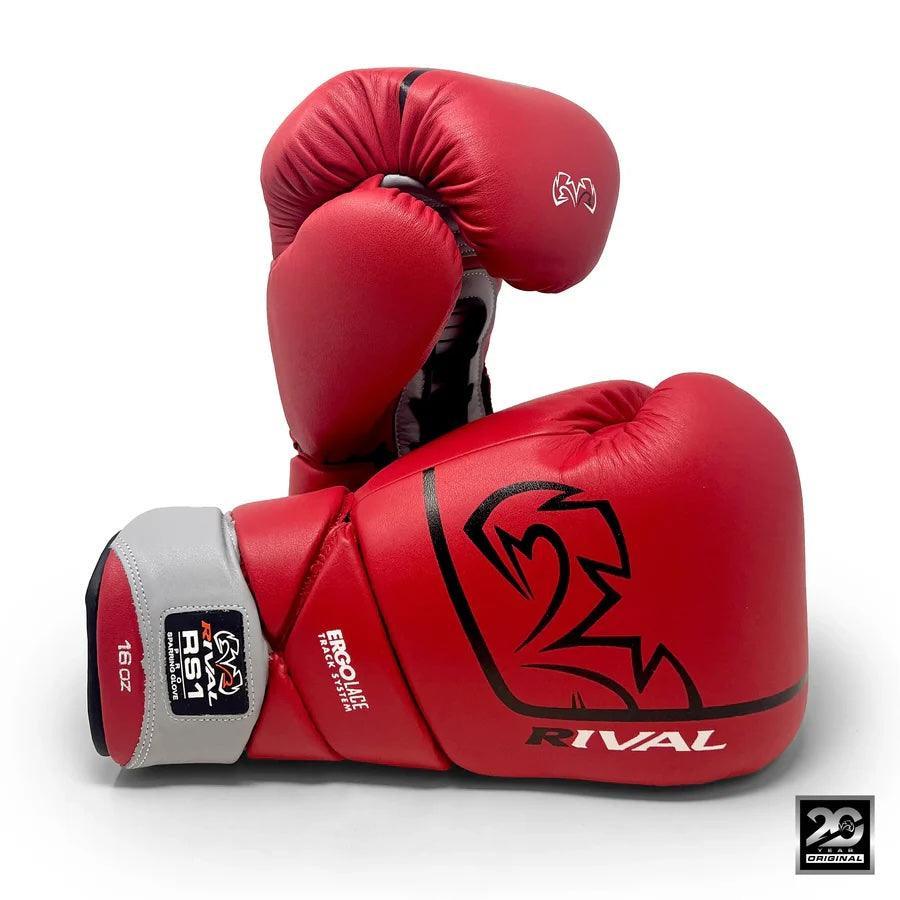 Red Rival RS1 boxing gloves with black and white logo, 16oz, pro-grade gear on white background