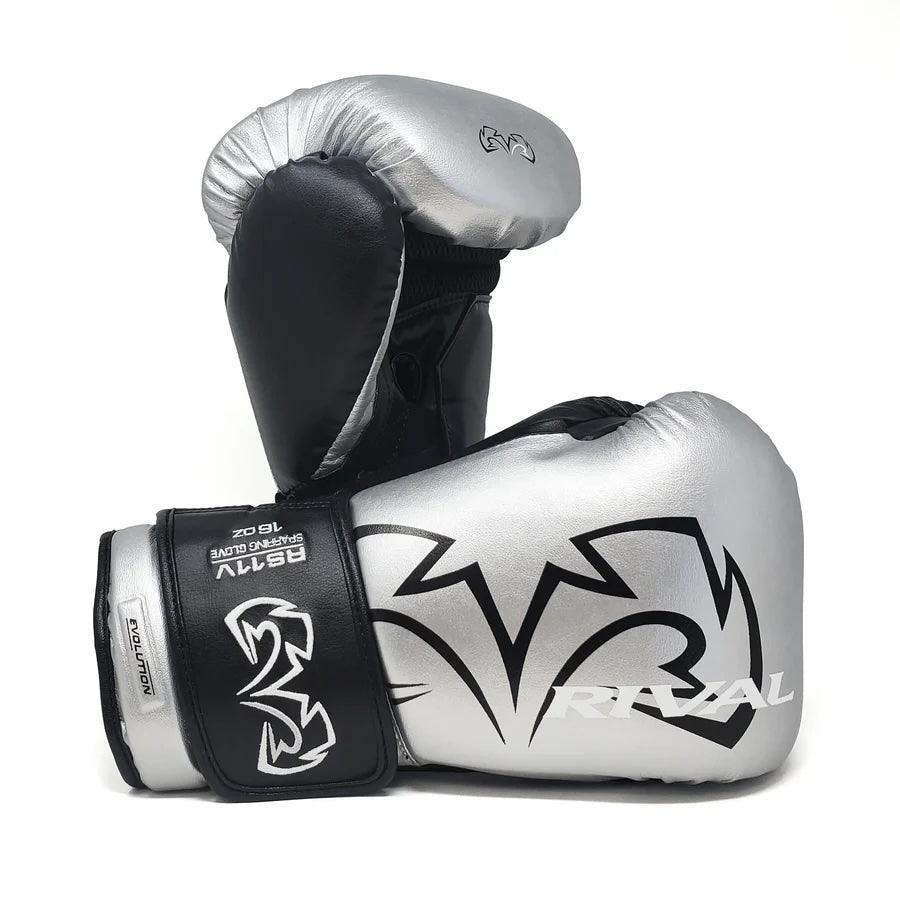 Silver and black boxing gloves with bold black design, suitable for sparring or training.